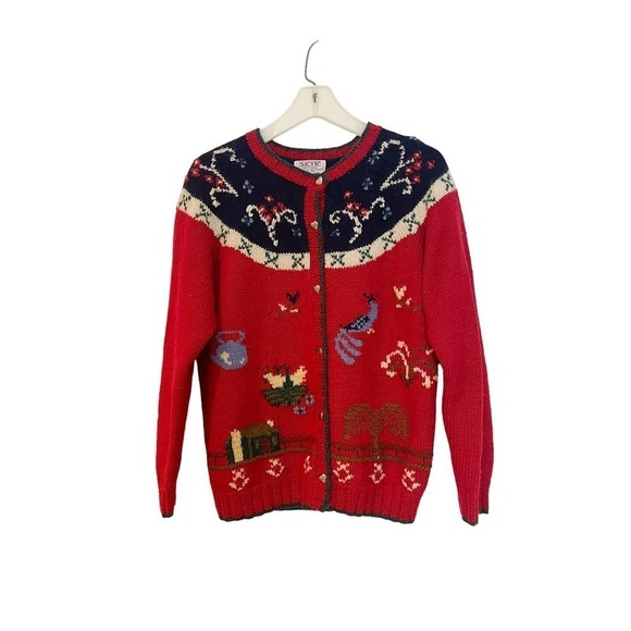 SKYR Vintage Holiday Cardigan Sweater Embroidered Red Women’s Size L - Picture 5 of 12